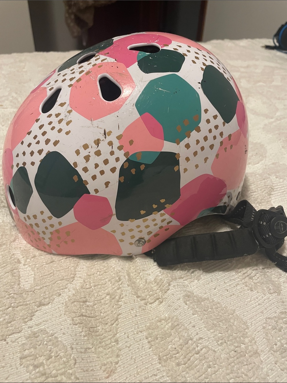 Children's Protective Helmet in Pink, Green & White - Fun Polka Design